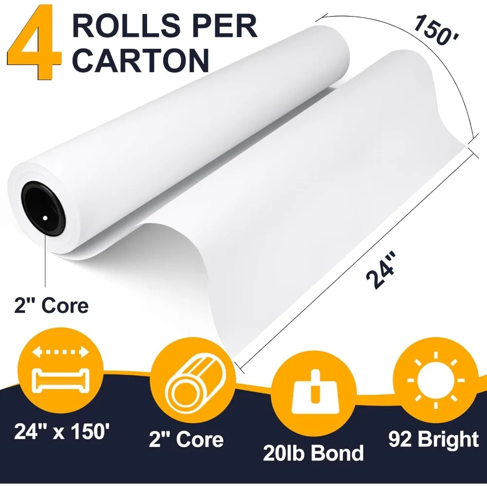 24인치 x 150피트 와이드 포맷 CAD 본드 용지 롤, 20lb 무게, 대형 플로터 인쇄용