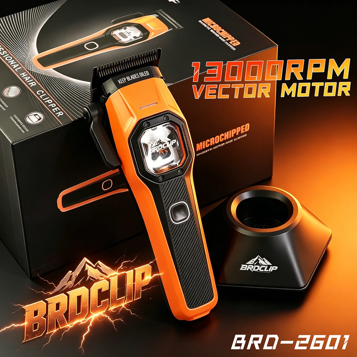

Профессиональная электрическая машинка для стрижки волос 13000 об/мин с векторным мотором BRD-2601, триммер для мужчин, LED-подсветка, аккумулятор 2600 мАч, с зарядной базой для парикмахерских.