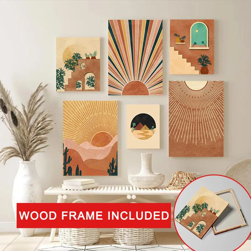 Pittura astratta su tela del sole della Boemia con cornice Paesaggio nordico Stampa poster Decorazione moderna di arte della parete del soggiorno