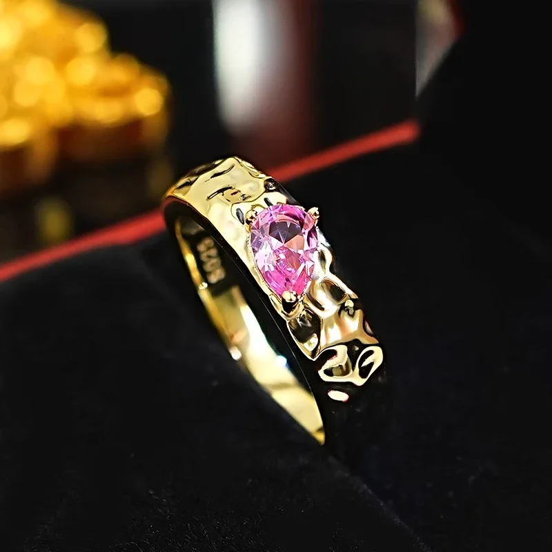 925 silver hammer pattern non burnt pink sapphire ring with droplet shaped gold-plated water wave texture, niche retro style