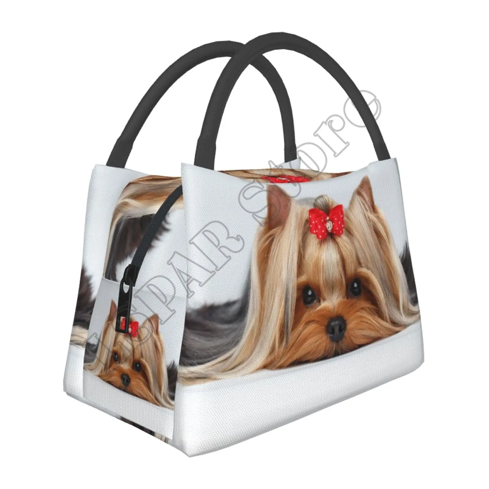 Cute Ribbon Yorkie Love Dog Lunch Bags for Women Boy Girl Reusable Insulated Lunch Box Suitable Travel Work Picnic Beach Office