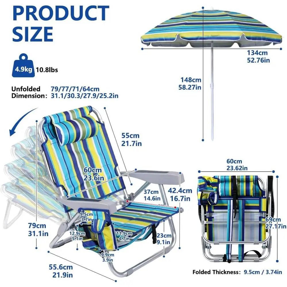 2-Pack Striped Beach Chairs with Umbrella and Cooler for Adults - Outdoor Summer Fun