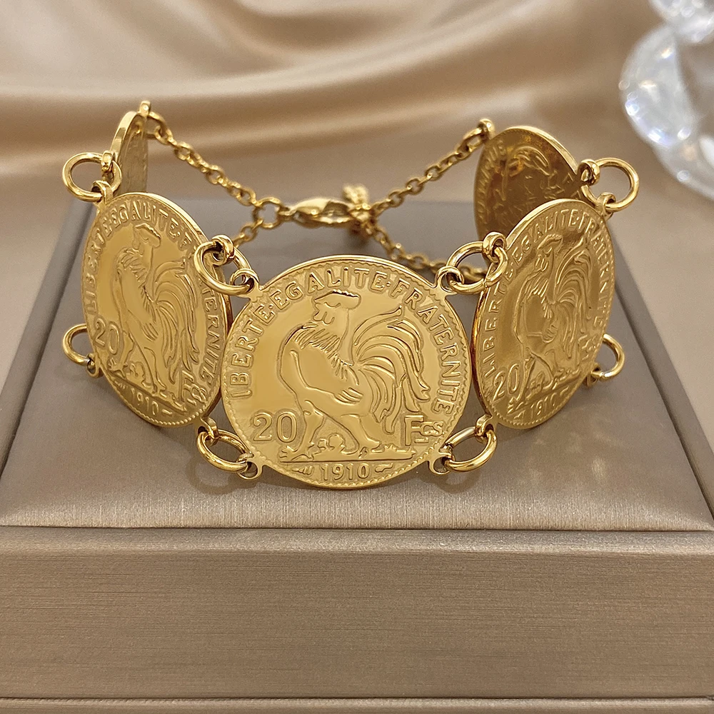 New Style Gold Plated Stainless Steel Vintage Double-Sided Engraved Zodiac Rooster Portrait Coin Bracelet Daily Wear Ideal Gift