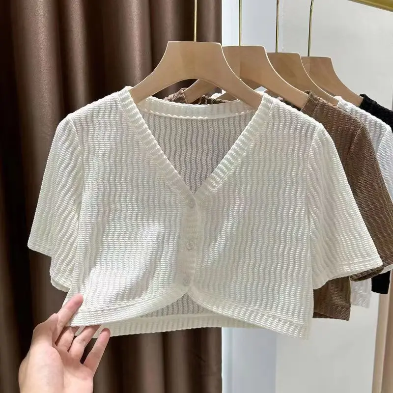 

V Neck Solid Color Short Sleeve Shirts Single-breasted Lace Tippet Blouses Sun Protection Vintage Blusas Mujer De Moda 2023