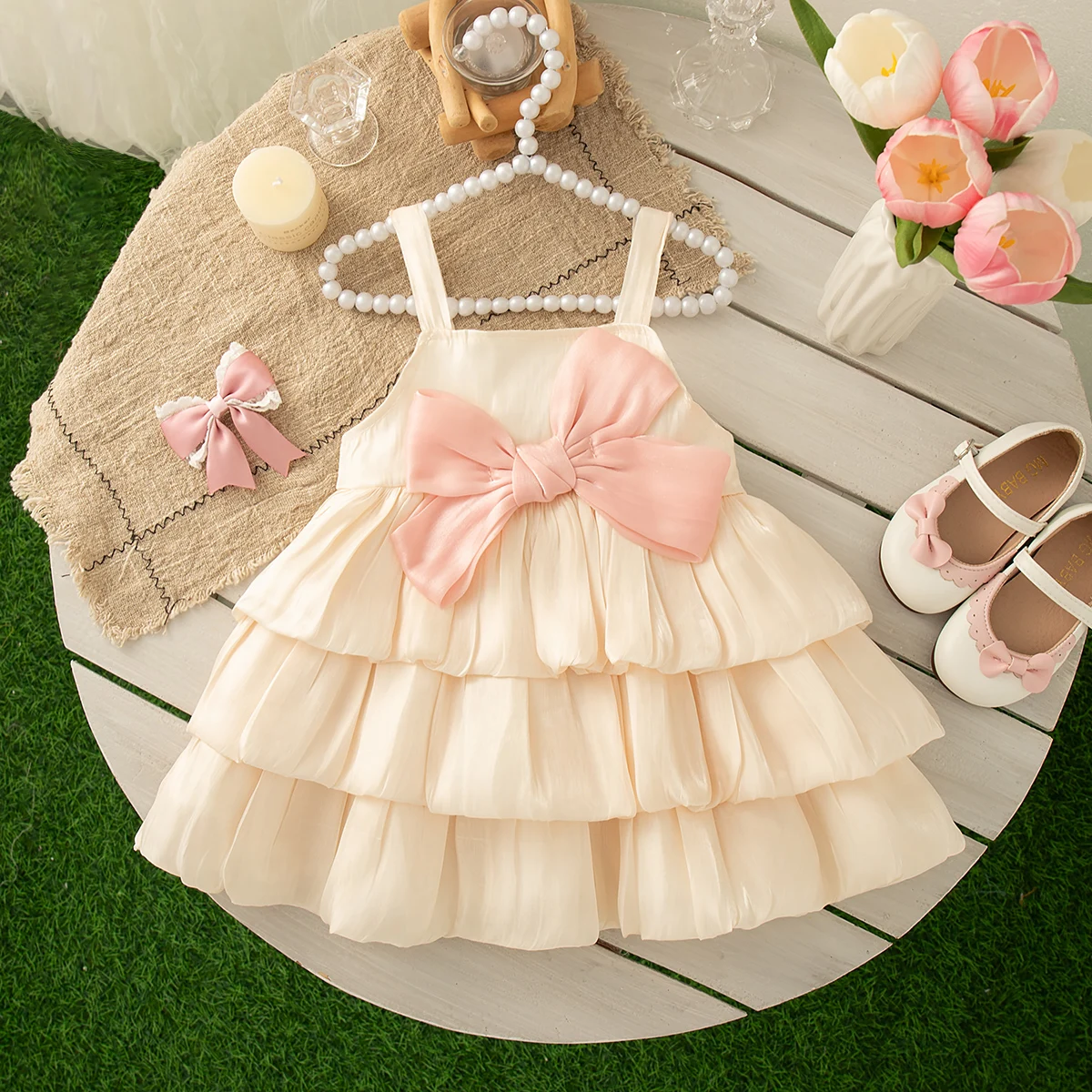 0-2 Years Baby Girl Dress Summer Pink Sweet Bow Suspender Cake Dress for Elegant Girl Party Wedding Dress
