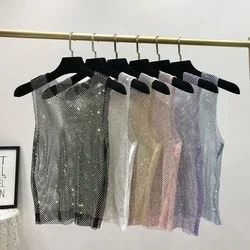 Y2k Hot Girl Vest Summer New Style Bright Hollow Hot Diamond Bling Top Super Fairy Thin Net Shirt Women's Trend