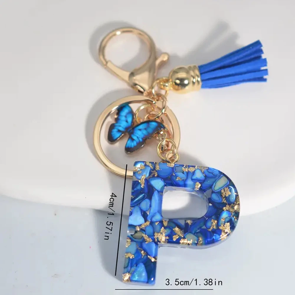 Blue Alphabet Initial Letter Keychain Cute Butterfly Resin Key Chain Ring Bag Backpack Charm Car Key Pendant Women Daily UseGift