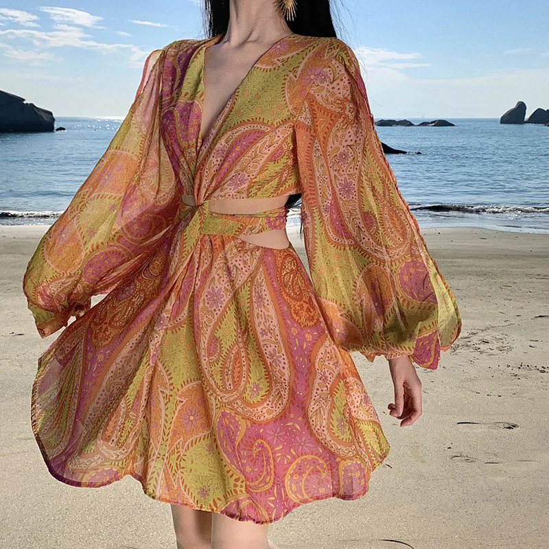 

Women Boho Summer Beach Dress Lantern Sleeve Slim High Waist Opend Full Sleeve Criss-Cross Mini Dress Female 2024 New Trendy