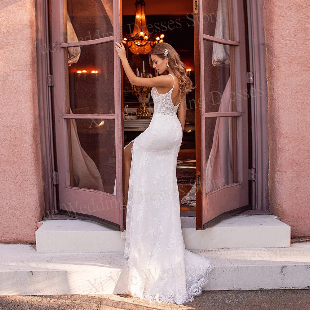 Vestido De novia con tirantes finos y espalda descubierta, traje Sexy elegante De sirena con escote en V y abertura lateral