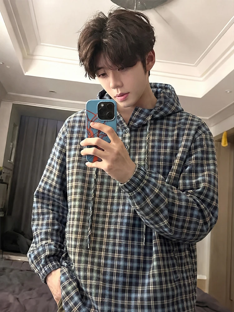 

Vintage Plaid Long Sve Hoodie irt Men's Spring Season Design Workwear Jaet Loose Fit Youthful Sle Breathable