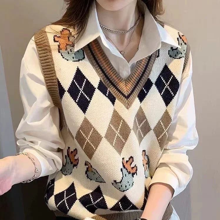 Retro V-neck Knitted Vest Top Women's Fashion Outerwear Sweater Shoulder Pad Brand Buckle Autumn Commute Sle Regular Length 