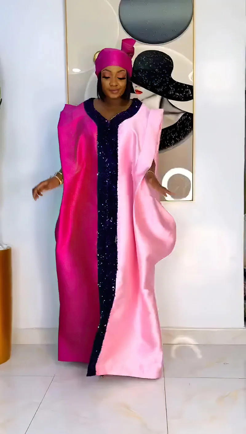 

2025 Plus Size African Bubu Dress for Women with Headtie Summer Nigerian Kaftan Robe Middle East Muslim Hijab Abaya Turkey Gown