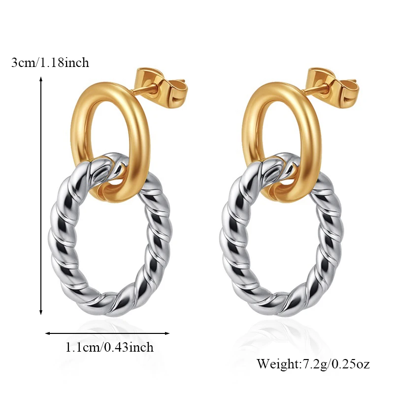 GANEMLY 316L Stainless Steel Metal Two-Color Oval Stud Earrings For Women Girl Fashion Elegant Ear Dangle Jewelry Birthday Gift