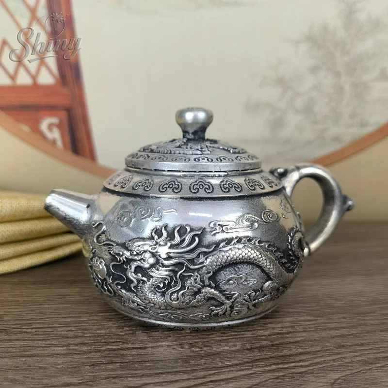 

Antique Silver-Plated Dragon and Phoenix Auspicious Teapot Home Decorative Tea Table Desktop Ornament