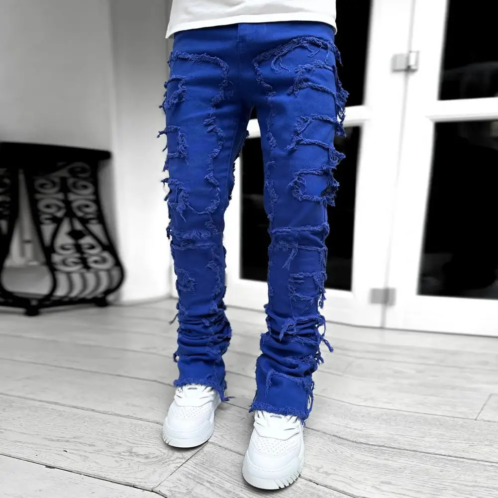 Jeans empilhados vintage masculino, jeans rasgado, calça jeans reta destruída, calça hip hop, streetwear fit