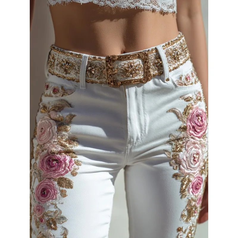 

European American Style Women's Floral Print Straight Leg Jeans Casual Denim Pants