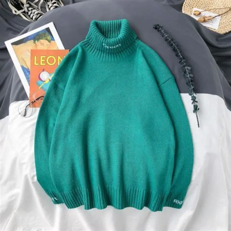 2024 Spring and Autumn Men\'s High Neck Pullover Loose Candy Color Letter Casual Fashion Elegant Commuter Knitted Sweater