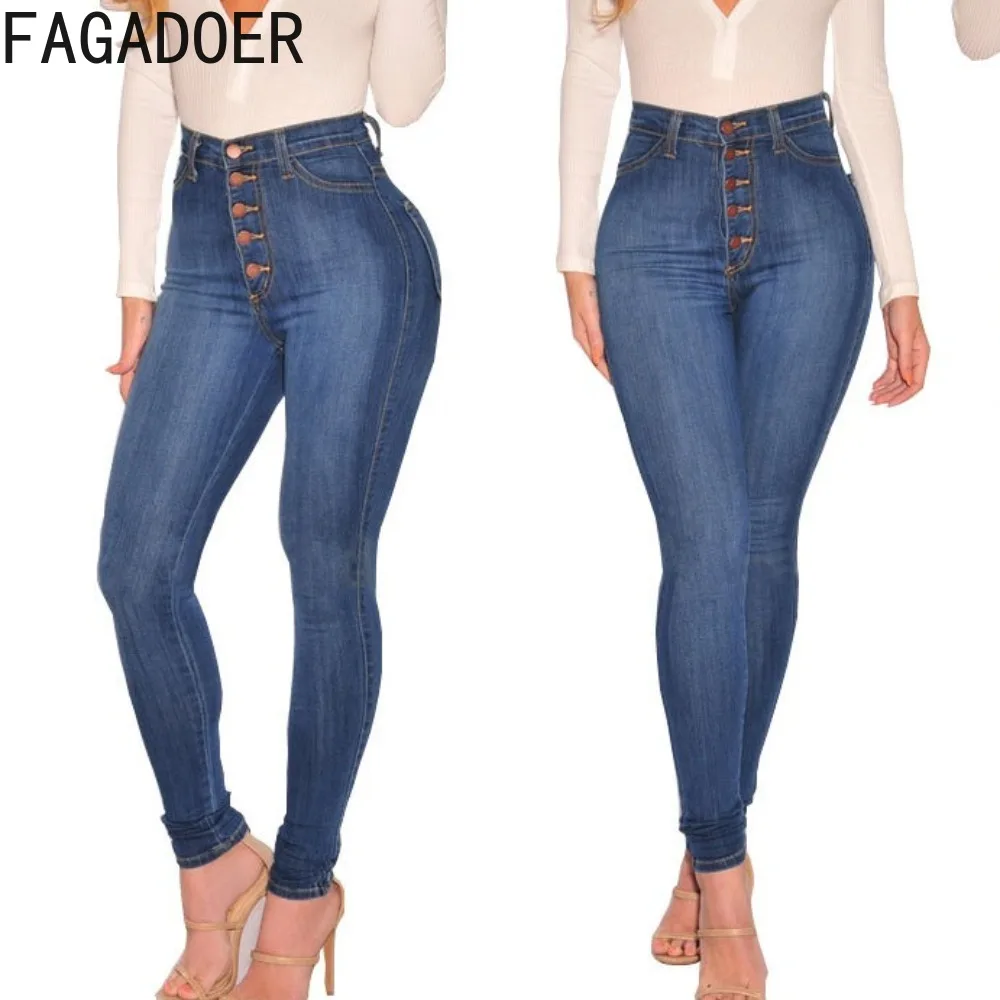 

FAGADOER Blue Fashion Denim Skinny Pencil Pants Women High Waist Button Elasticity Jean Trousers Female Matching Cowboy Bottoms