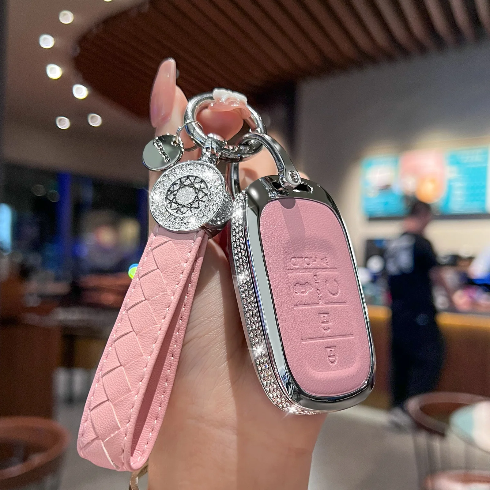 for Honda Key Fob Cover with Keychain, Pink Genuine Leather Crystal Key Case Protection Shell Compatible with 2022 Honda Accord