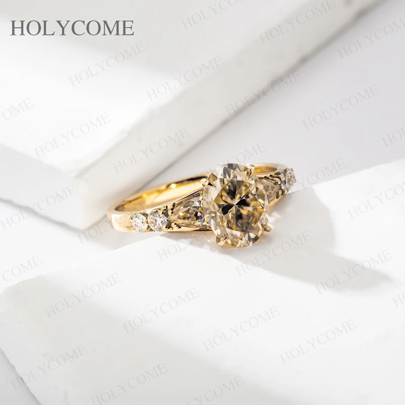 925 Sterling Silber 18K Vergoldeter Ring Moissanit Oval/Perlenförmig/Rund Geschliffen D-Farbe/Champagner VVS1 Jubiläumsgeschenk Feiner Schmuck für Sie – Detail 9