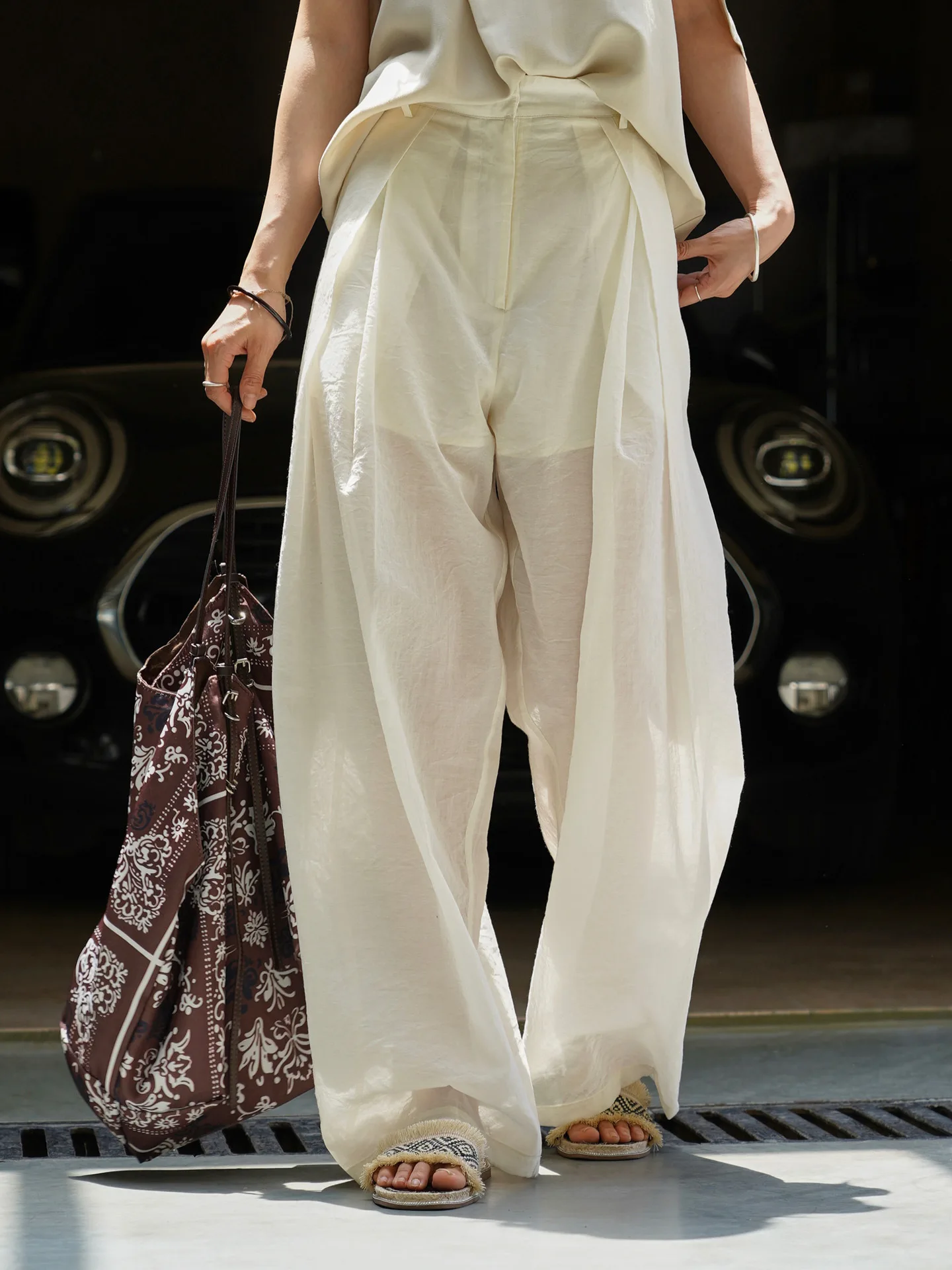 

Summer Casual Versatile OL Commute Wide Leg Pants Women's Thin Cotton Long Pants See through Pleated Hollow out Western Trousers