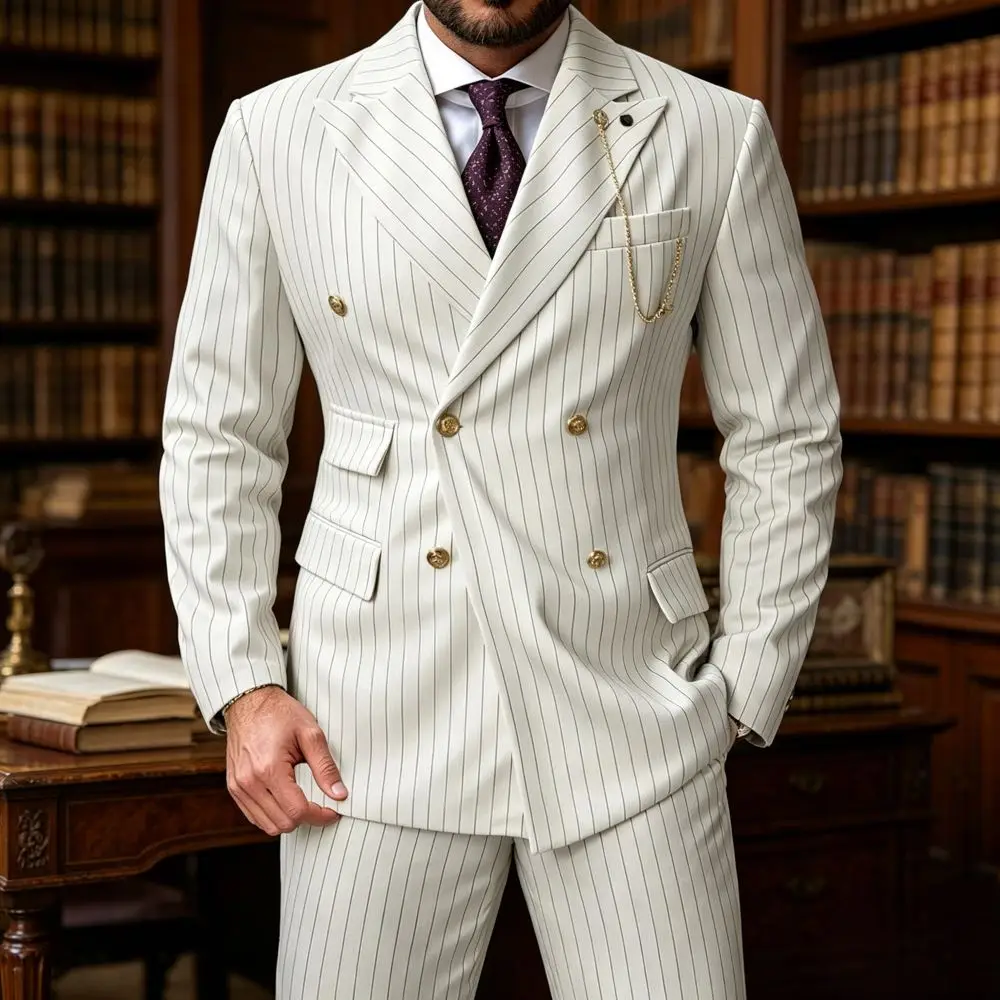 

Mens White Vertical Stripe Double Breasted Wedding Tuxedo Tailored Slim Fit Formal Flap Pockets Decorative Chain Office Wear
