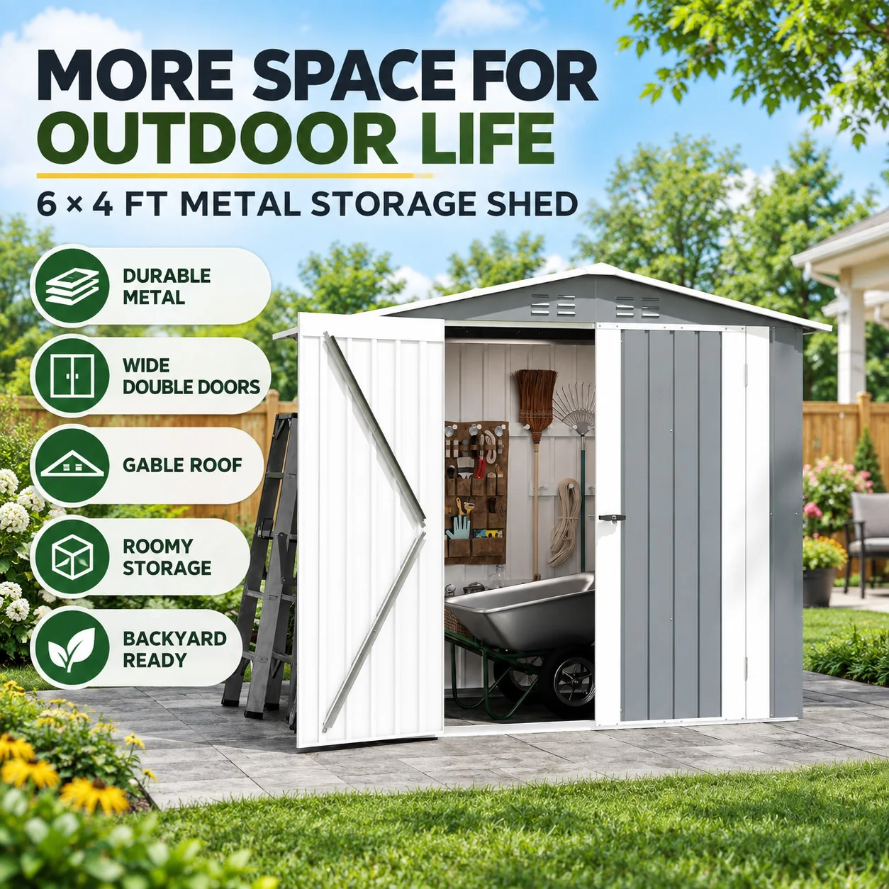 6 x 4 FT Outdoor Storage Shed Gray Metal Garden Tool Shed with Gable Roof Wide Double Doors for Lawn Equipment Patio Supplies Backyard Garden