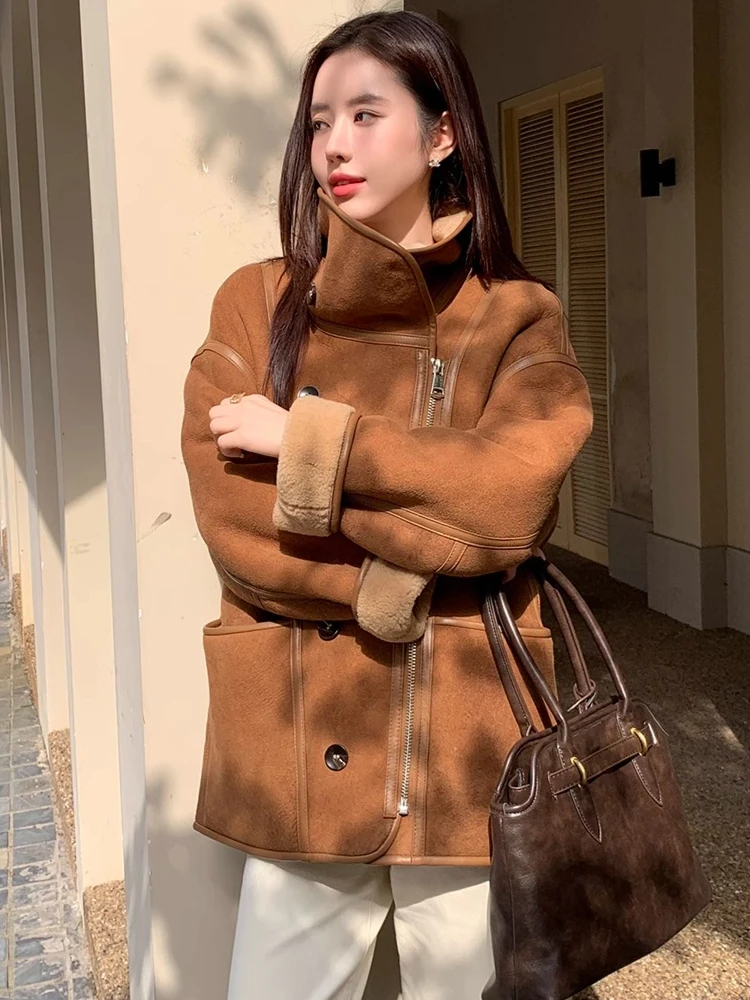 High-end Luxury Merino Sheep Fur Winter Motorcycle for Jacket Women Simple Double-sided Wear Real Fur Genuine Leather Suede Coat