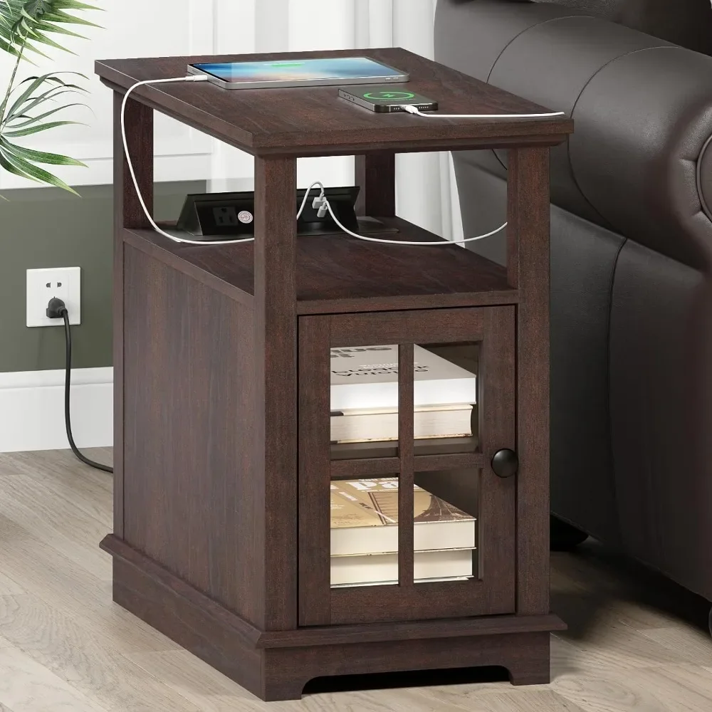 End Table with Hidden Charging Station, Side Table with Storage for Living Room and Bedroom, Power outlets, Adjustable Shelf