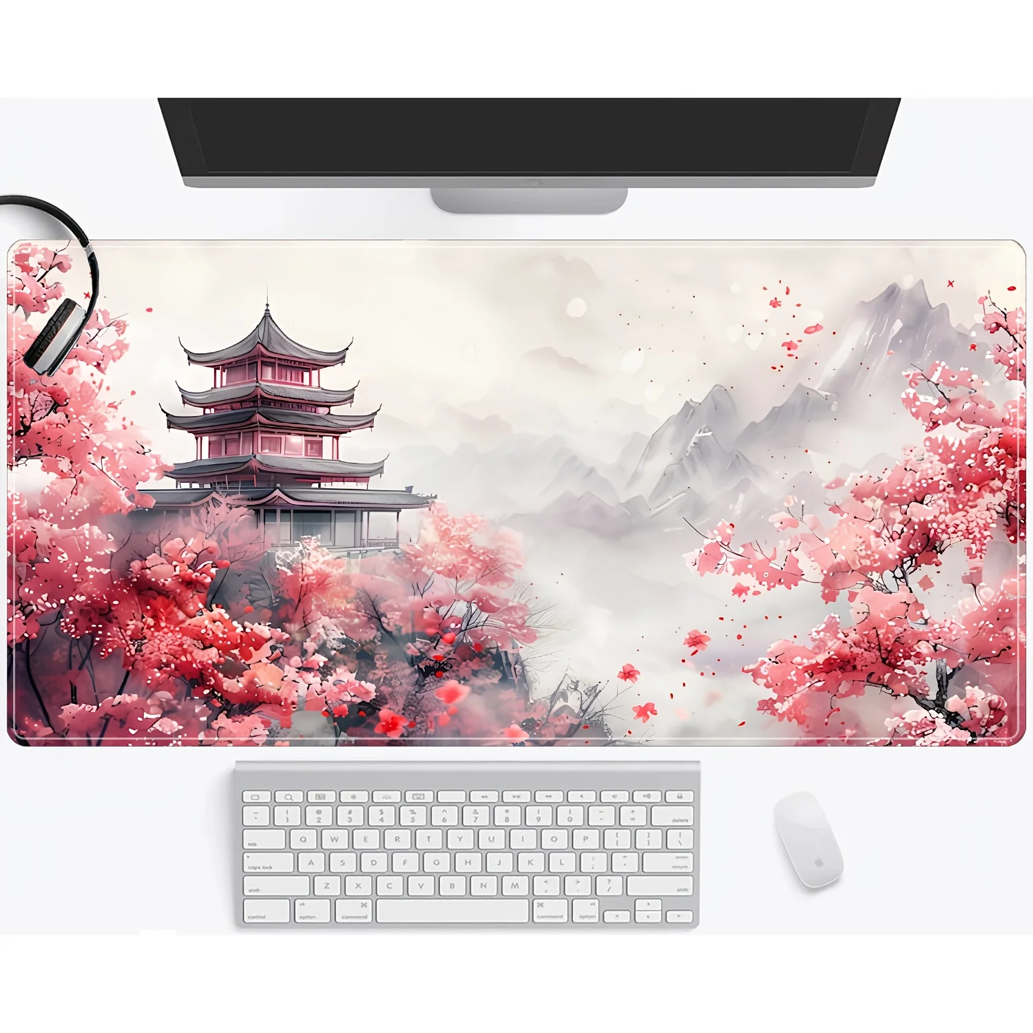 Romantic cherry blossoms and pagoda design large Mouse Pad Desk Mat Stitched Edge Non-Slip Durable Gaming pad tapis de souris