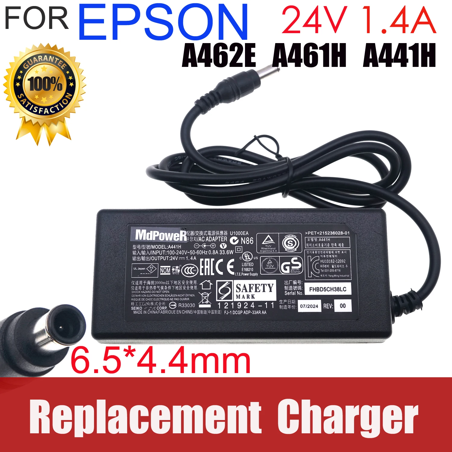 

24V 1.4A 1.3A 1.37A A441H A291E AC Adapter for Epson Scanner Printer J143A 2480 3590 4490 V500 V550 GT-1500/GT-2500
