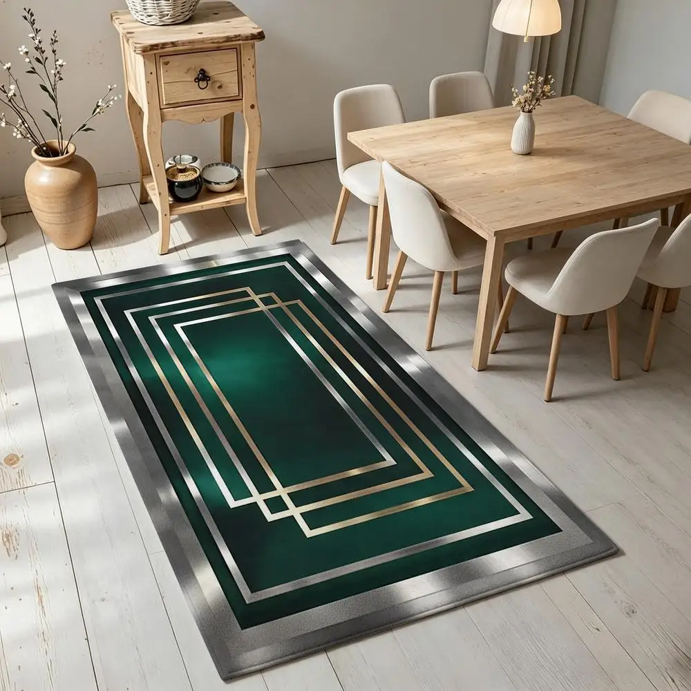 2D 1 piece soft, easy to care, machine washable indoor rug, suitable for under dining table, geometric metallic style home decor, perfect for living room, bedroom, entryway, hallway, home office, elegant floor accent for contemporary modern home interiors