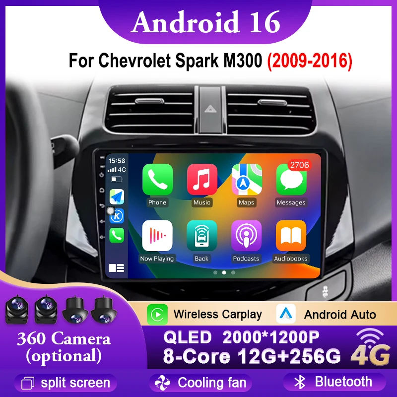 Autoradio für Chevrolet Spark M300 2009 - 2016 Android Auto Radio Head Unit Multimedia Player GPS Navigation Carplay QLED Bluetooth