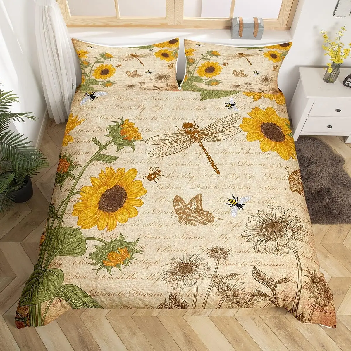 Dragonfly Duvet Cover Queen Botanical Floral Comforter Cover Vintage Style Sunflower Bedding Set Natural Pastoral Spring Decor