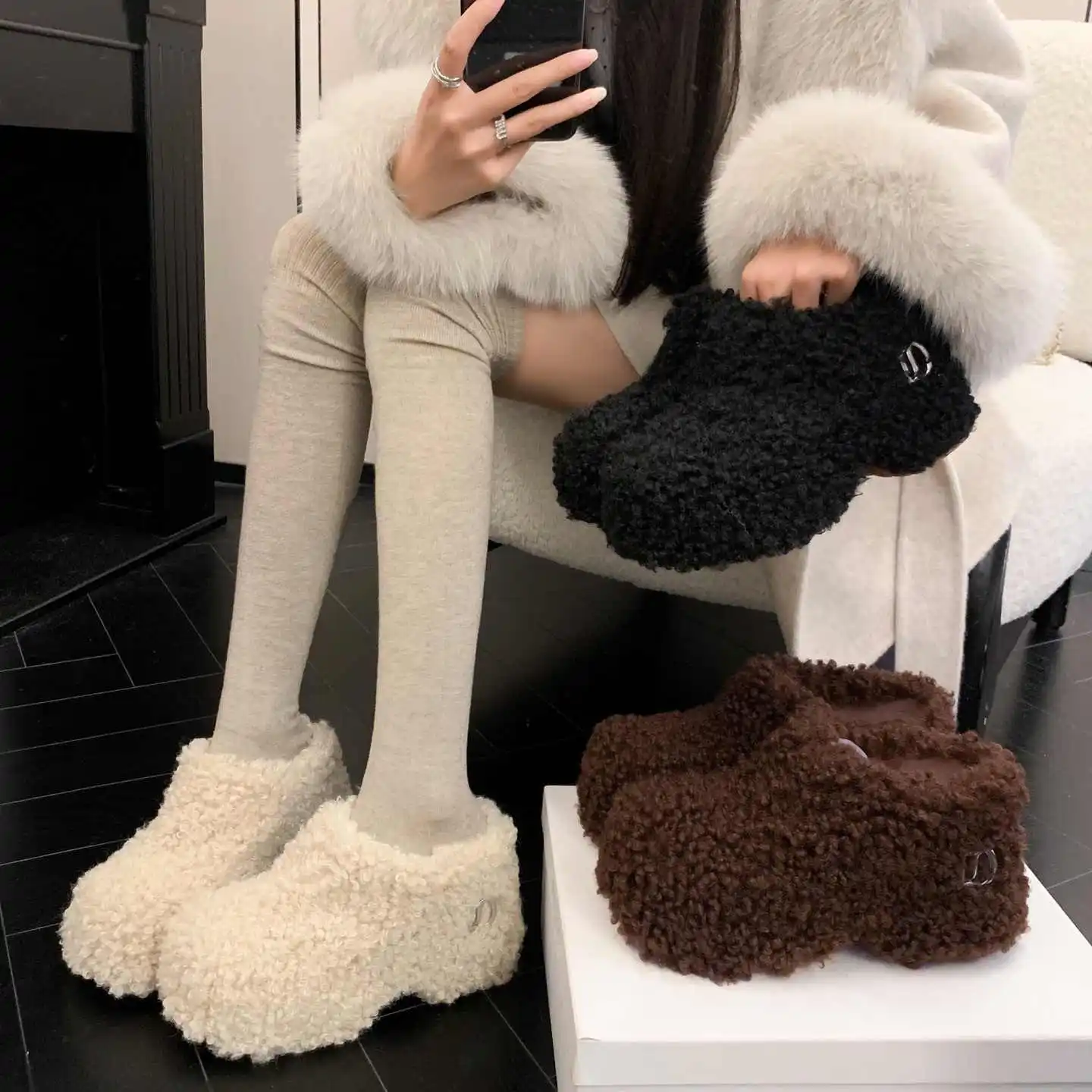 Fashion Slippers Woman Winter Thick Sole 7CM Lamb Wool Warm Indoor Half-drag Girl's Slippers Temperament Street Y2K Snow Boots