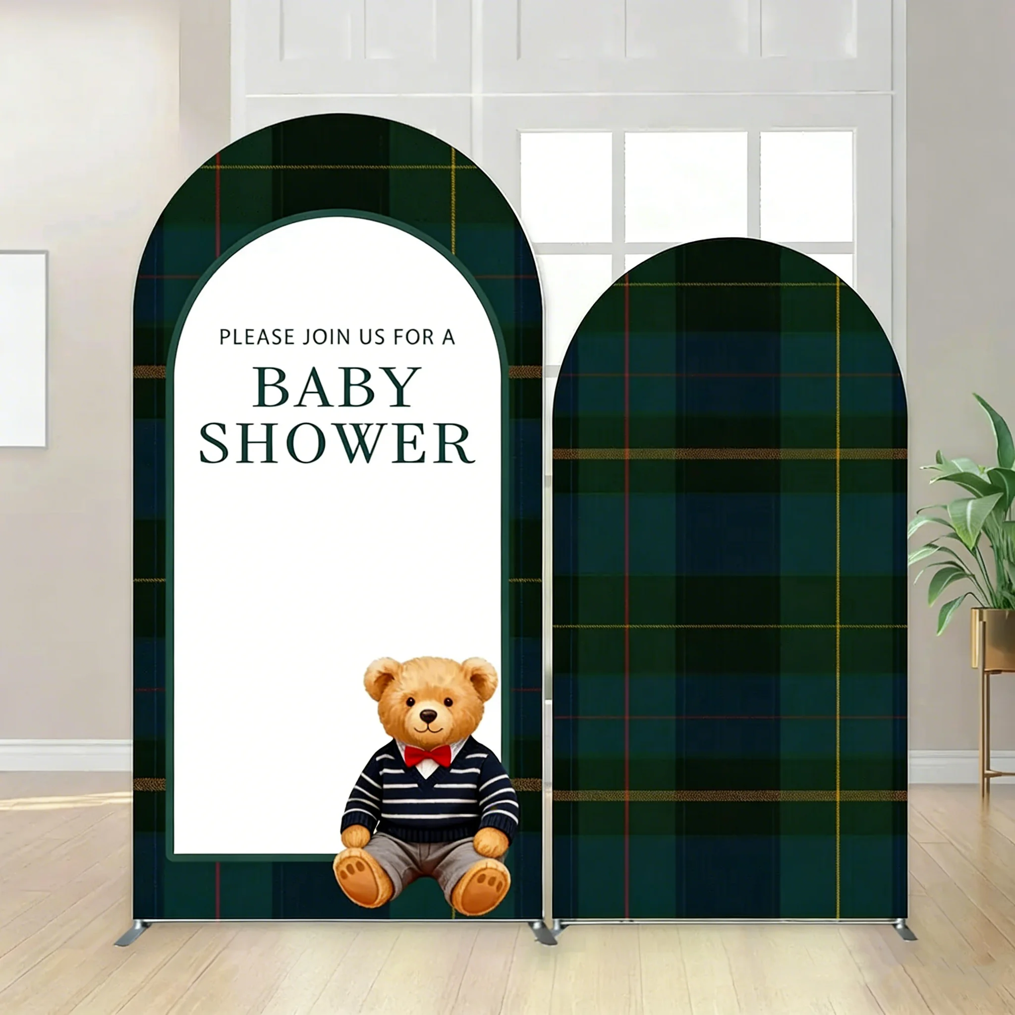 Teddy Bear Themed Baby Shower Party Background Decor Green Tartan Plaid Retro Boy Gender Reveal Backdrop Chiara Arched Covers