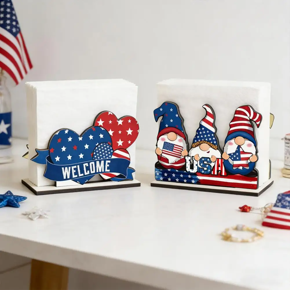 4th of July Napkin Holder, Patriotic Wooden Napkin Dispenser, Red Blue White Tissue Holder for Independence Day, Kitchen, Dining