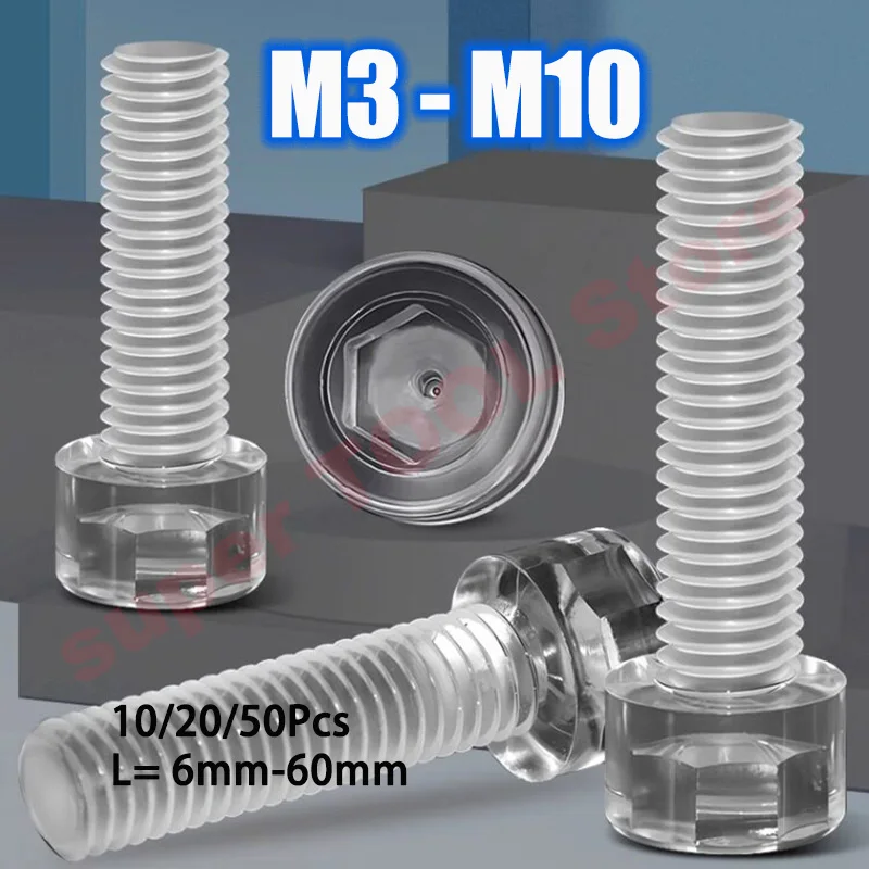 10/20/50Pcs Transparent PC Plastic Round Head Hex Socket Screw Insulated Fastener Bolt M3 M4 M5 M6 M8 M10 Hardware Accessories