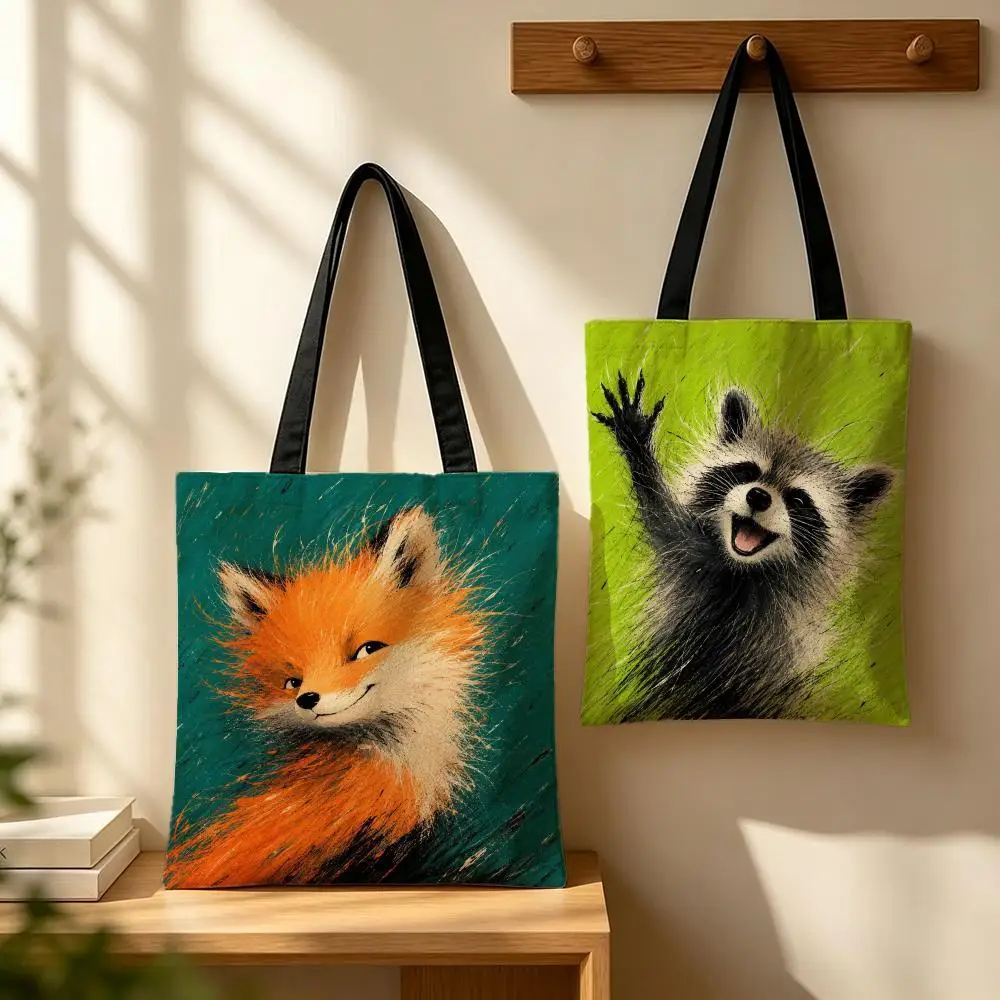 pattern Cute animals Storage Bags Canvas Tote Bag Minimalist Casual Spacious for Shopping Travel and Gift