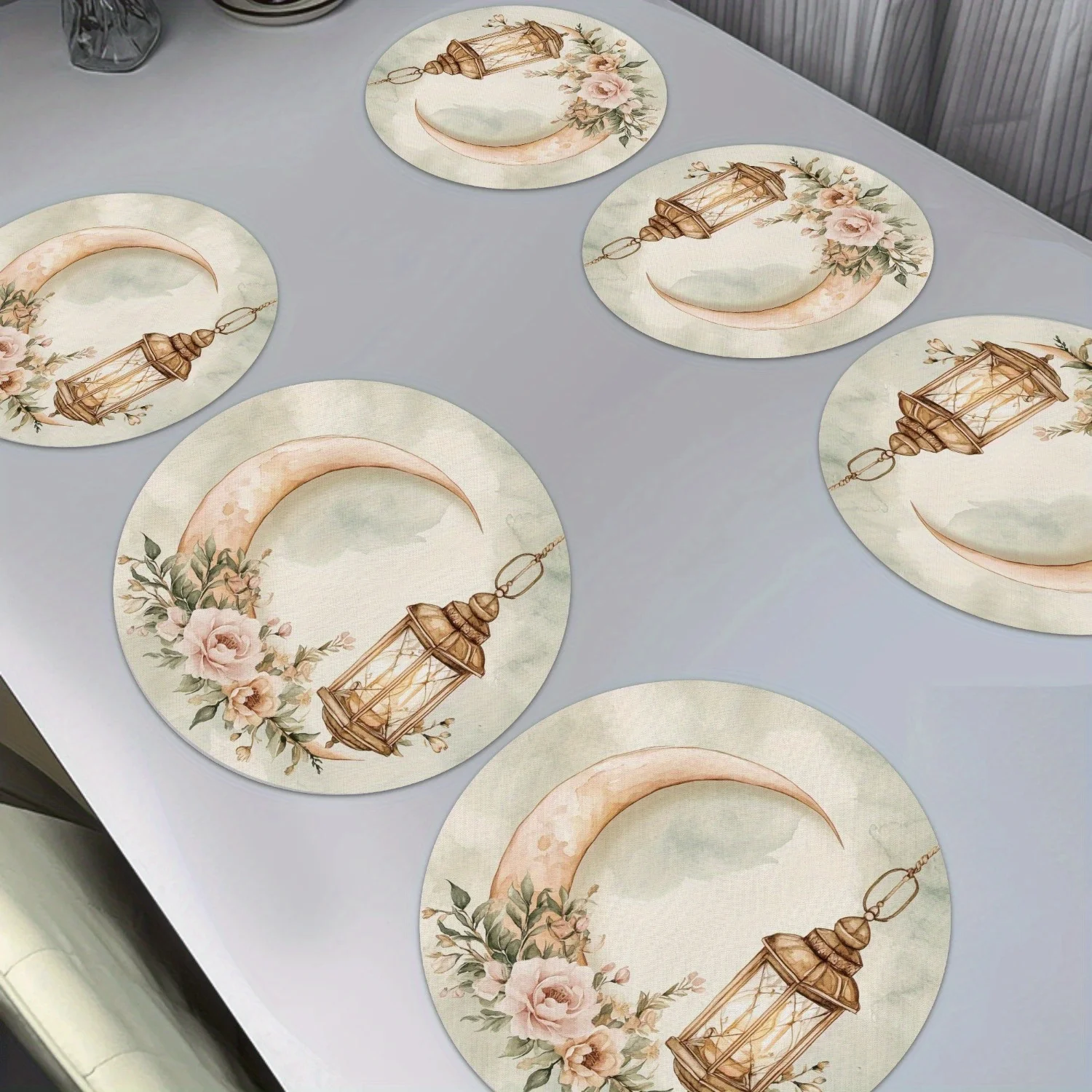 VIKAMA Round Vintage Placemats Moon Lantern Floral Linen Mats Non-Slip Heat Resistant for Elegant Farmhouse Dining Decor