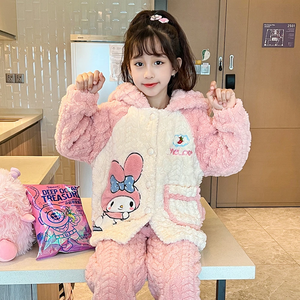 Anime Sanrioed Kids Coral Velvet Pajama Cinnamoroll Kuromi Melody Autumn Winter Kawaii Girl Warm Sleepwear Loungewear Homewear