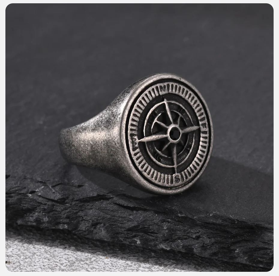 Vnox Herren-Siegelring aus Edelstahl im Antik-Look mit Kompass-Motiv, Vintage Punk Nautischer Navigationsring, Schmuck für den Alltag, Geschenk für Ihn – Detail 6