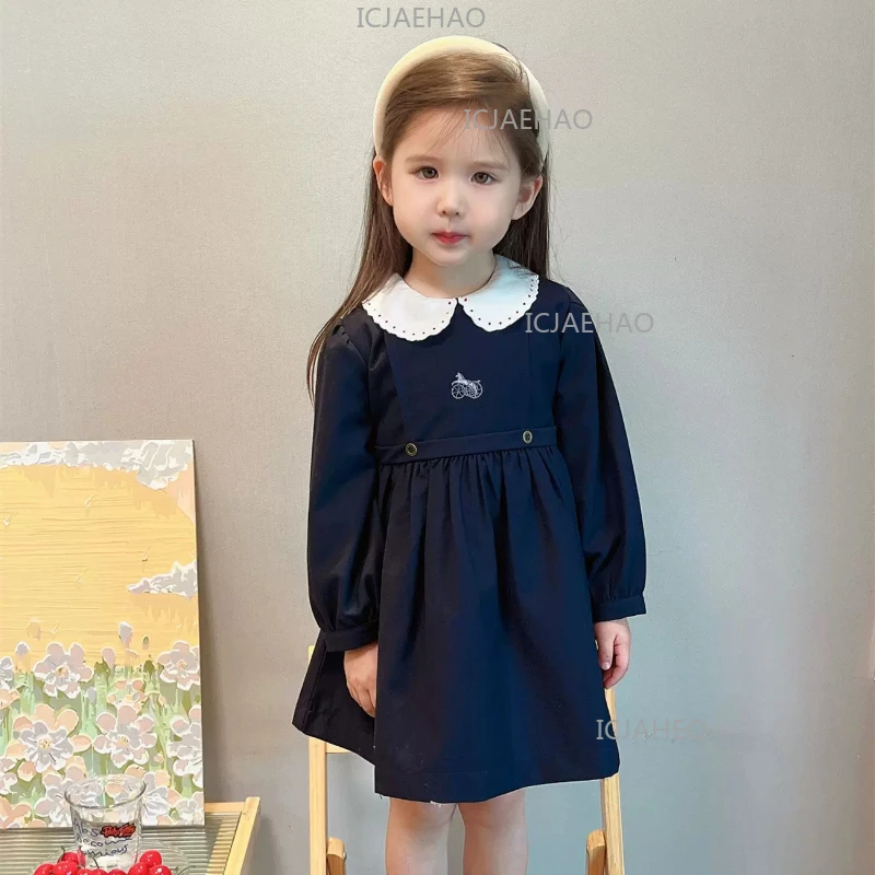 2026 Children Vintage Preppy Cotton Embroidery Kids Girls Navy Long Sleeve Dress Daily Basic Simple Casual Outfit Spring Autumn