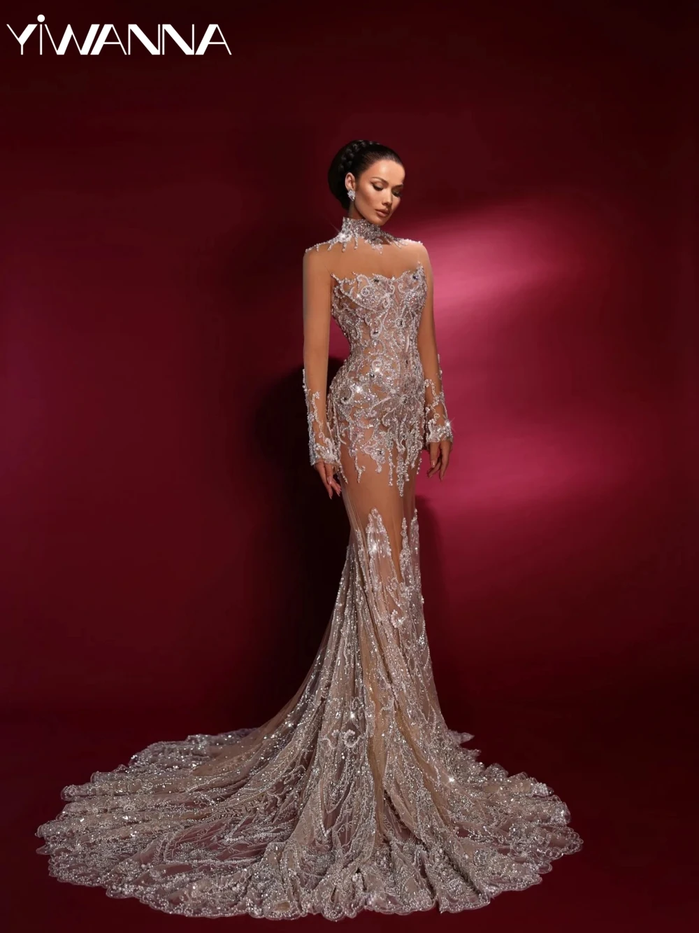 Embroidered With Pearls Crystal Wedding Dress Sexy Illusion Mermaid Long Sleeve Bridal Gown Customized Luxury Dresses For Bride