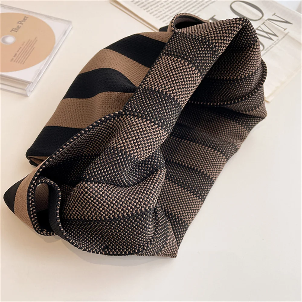 Handmade Knit Handbag Women Mini Knot Wrist Bag Japanese Casual Color Wide Stripe Plaid Tote Bag Student Reusable Shopping Bags