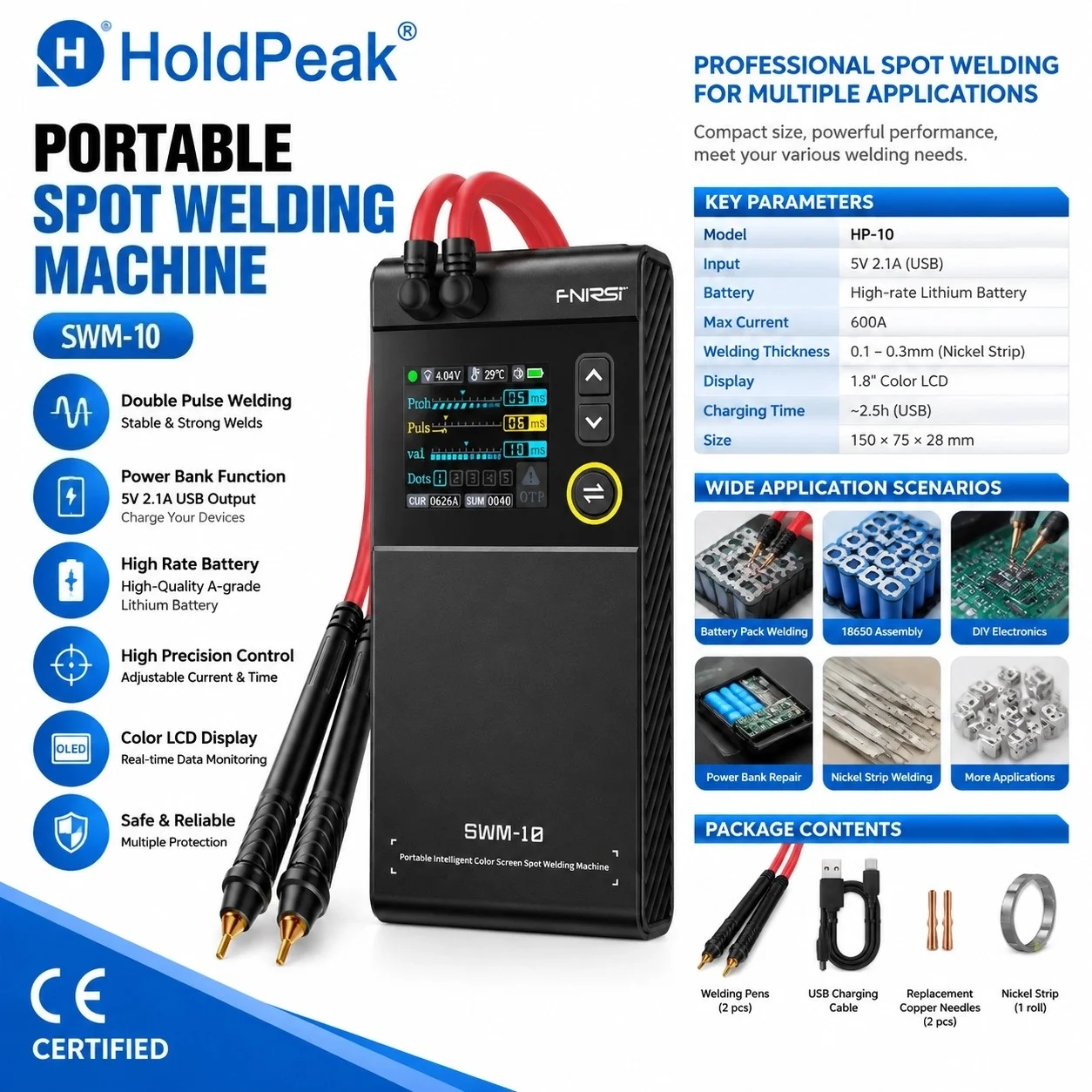 FNIRSI SWM-10 2-in-1 Spot Welder & Power Bank 0.25mm Double Pulse 1200A 5000mAh Color Screen for Battery Assembly