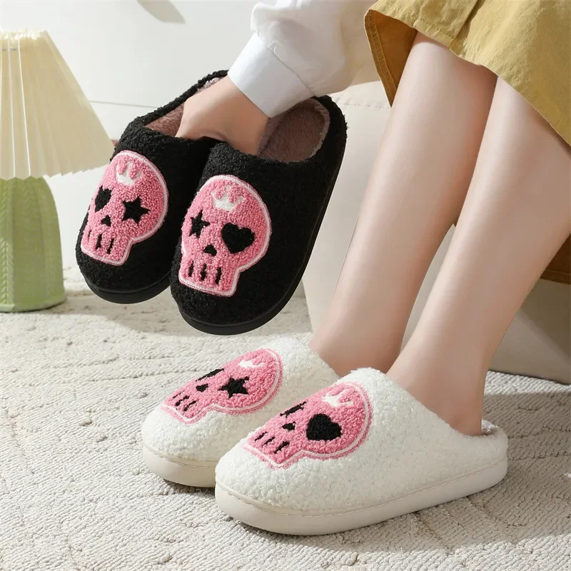 

Halloween Style Pink Skull Fluffy Slippers Women Indoor Home Non Slip Warm Cotton Slippers Woman Cute Cartoon Plush Winter Shoes