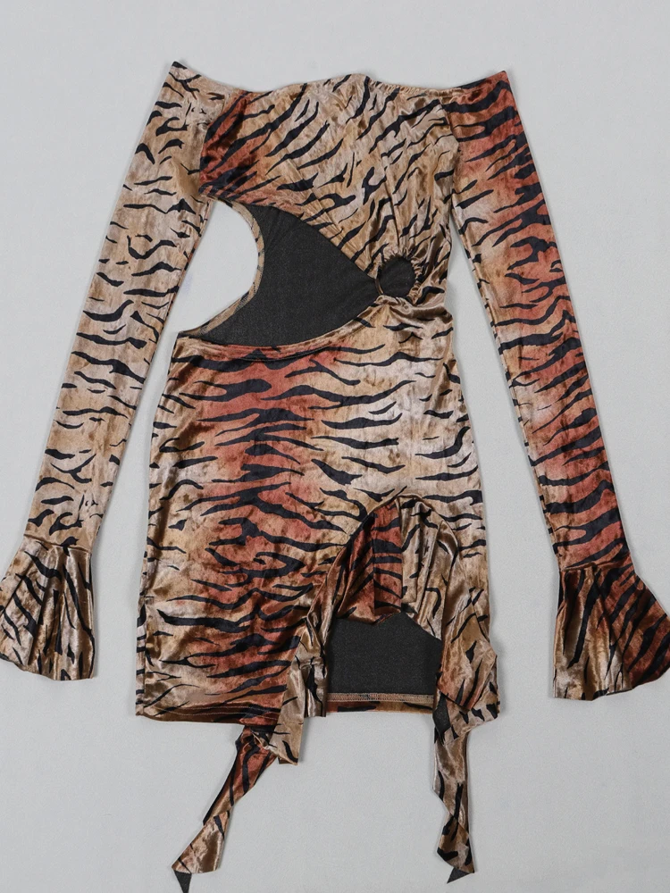 Beyprern Beautiful Tiger Printed Lined Ruffles Mini Dress Wild Animal Print Cut-Out Night Club Dresses Sexy Clubwear Robes