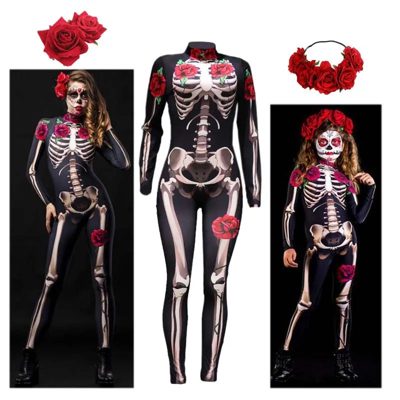 Adult Kids One Piece Day of the Dead Rose Skeleton Jumpsuit Halloween Costume