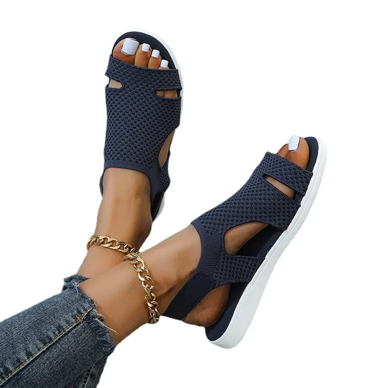 New Summer Women Sandals fashion Stretch flying weave Rhinestone Casual Woman Flats 2022 Ladies Beach Shoe Big size 36-43